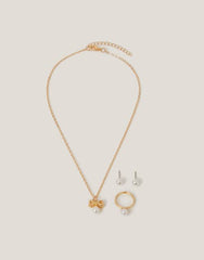 Pearl Bow Pendant Jewellery Set Gold