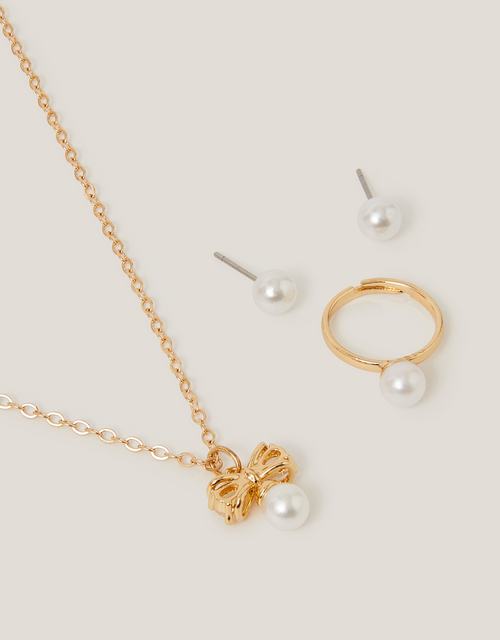 Pearl Bow Pendant Jewellery Set Gold