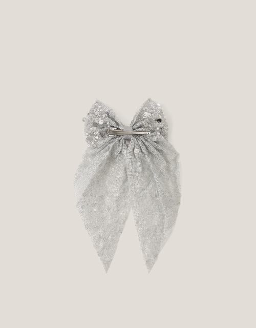 Long Sequin Bow Hair Clip Silver