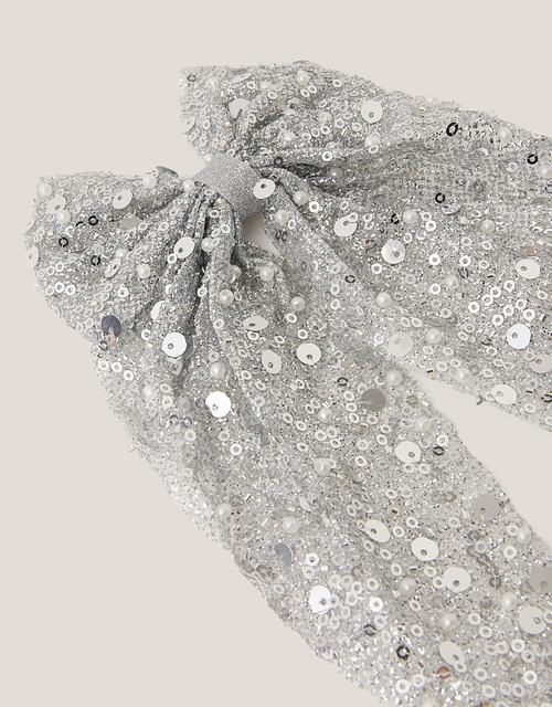 Long Sequin Bow Hair Clip Silver