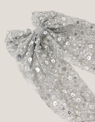 Long Sequin Bow Hair Clip Silver