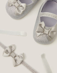 Baby Bow Glitter Booties & Headband Set Silver