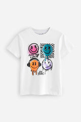 White Happy Face Regular Fit Short Sleeve Graphic 100% Cotton T-Shirt