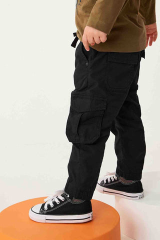 Black Lined 100% Cotton Cargo Trousers