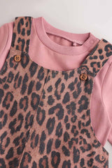 Tan Brown Leopard Print Baby Long Sleeve Bodysuit & Dungarees Set