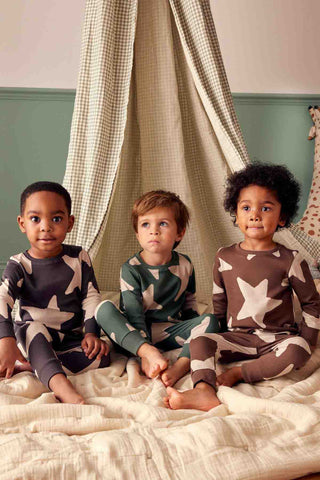 Green/Ecru/Brown Stars 3 Pack Snuggle 100% Cotton Pyjamas