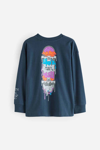 Navy Blue Skateboard Relaxed Fit Long Sleeve Graphic T-Shirt