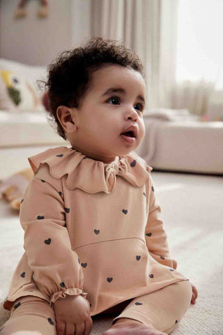 Beige Heart Print Baby Long Sleeve Frill Top And Leggings Set