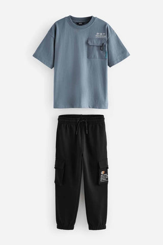 Grey/Blue Utility 100% Cotton Short Sleeve T-Shirt and Joggers Set