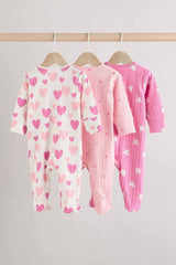 Pink Baby Pink Heart Printed 100% Cotton Sleepsuit 3 Pack