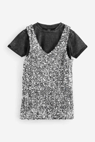 Silver Sequin Pinafore Dress And T-Shirt Set