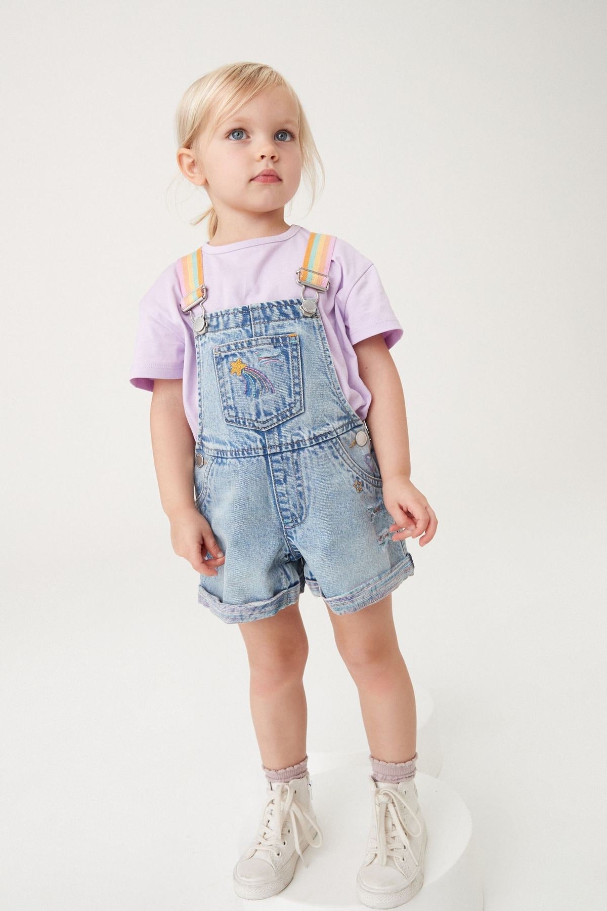 Mid Blue Denim Rainbow Dungarees & T Shirt Set NEXT UK