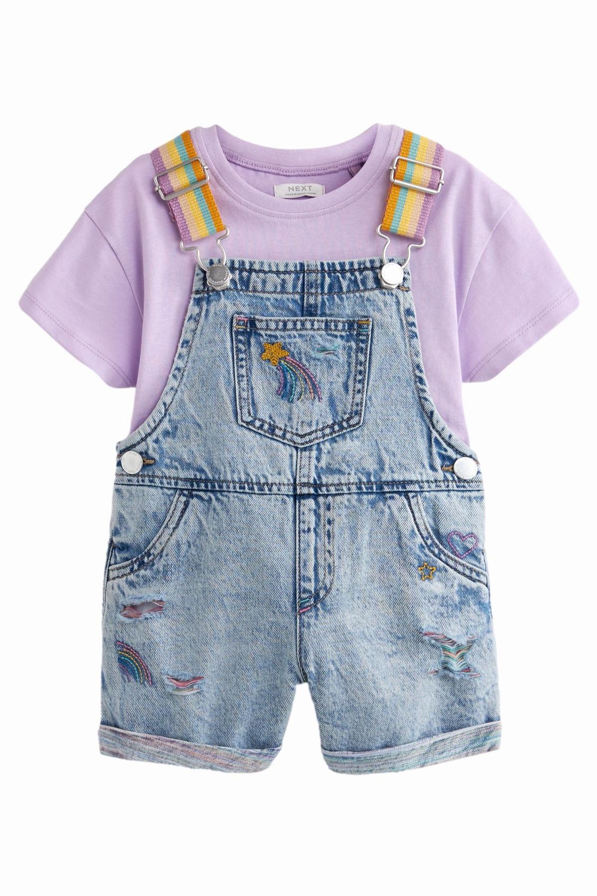 Mid Blue Denim Rainbow Dungarees & T Shirt Set NEXT UK