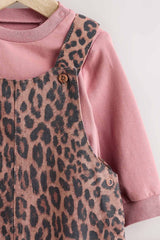 Tan Brown Leopard Print Baby Long Sleeve Bodysuit & Dungarees Set