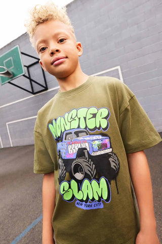 Khaki Green Truck Relaxed Fit Short Sleeve Graphic Print T-Shirt