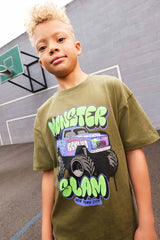 Khaki Green Truck Relaxed Fit Short Sleeve Graphic Print T-Shirt