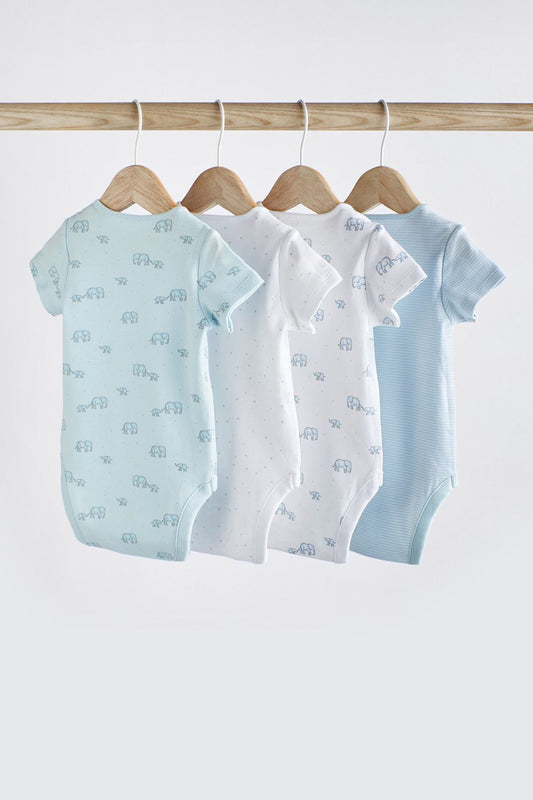Blue/White Elephant 4 Pack Short Sleeve Baby Bodysuits