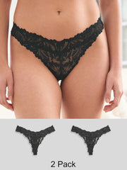 Black Thong Ultimate Comfort Lace Knickers 2 Pack
