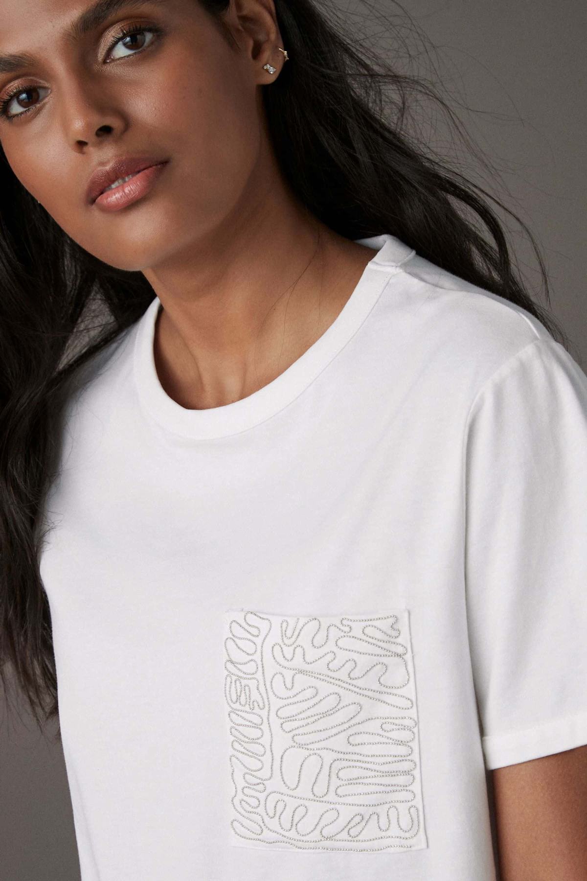 White Embellished Pocket 100% Cotton T-Shirt