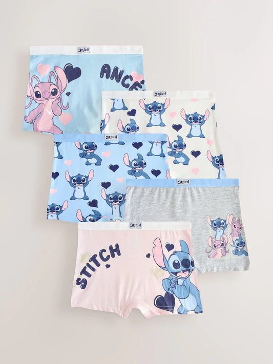 Pink/Blue Disney Stitch and Angel Shorts 5 Pack (2-16yrs)