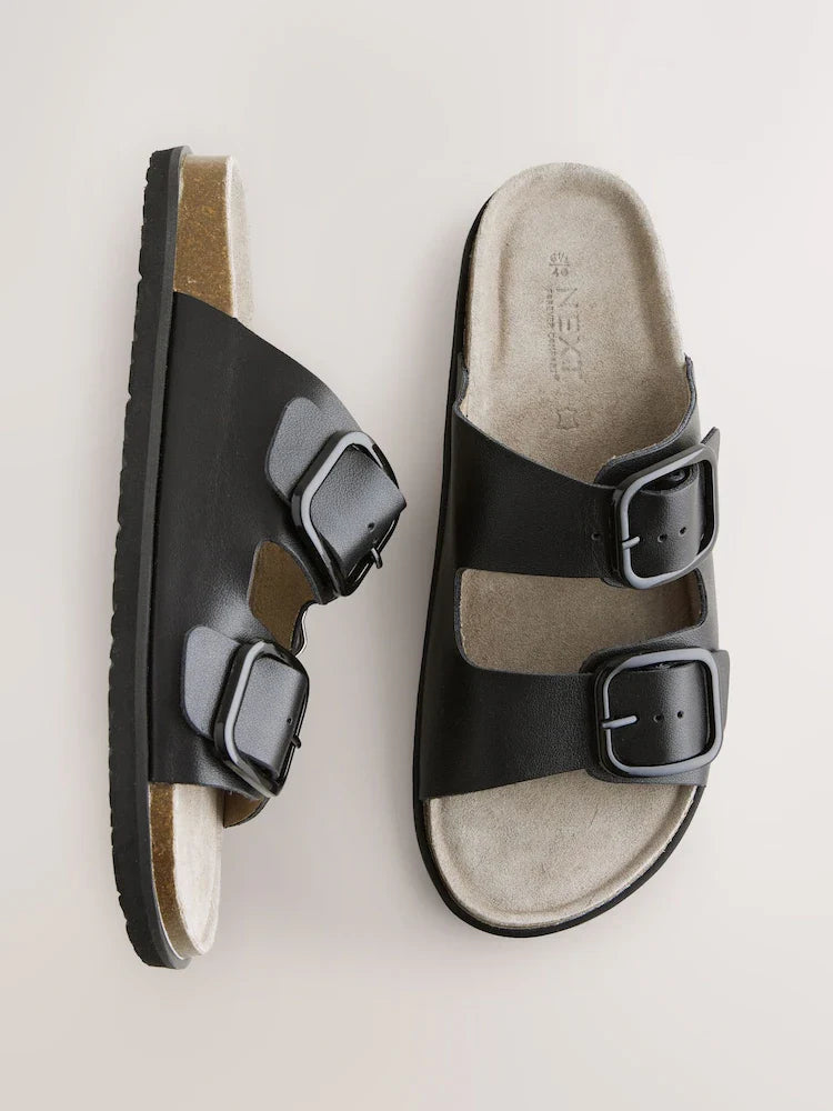Black Leather Standard Fit Double Strap Footbed Sandals