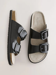 Black Leather Standard Fit Double Strap Footbed Sandals