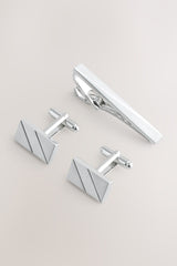 Silver Tone Cufflinks And Tie Clip Set