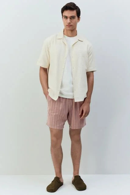 Pink Linen Blend Elasticated Waist Stripe Shorts