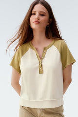 Ecru White and Green Shorter Length Raglan Colourblock Short Sleeve Button Henley T-Shirt