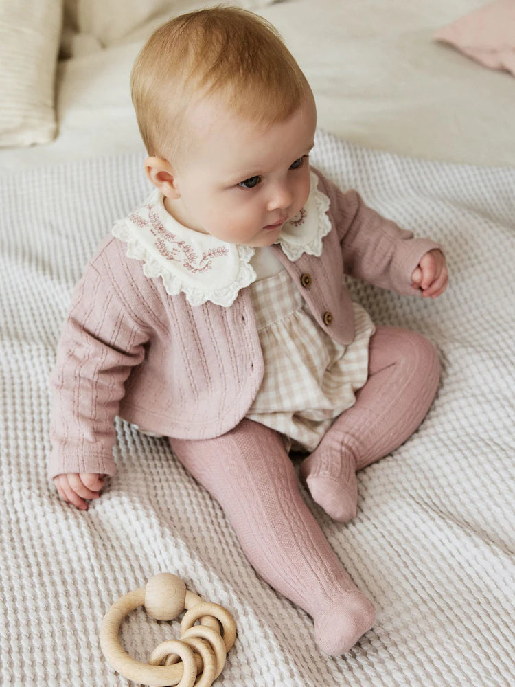 Pink Bubble Romper Long Sleeve Bodysuit Cardigan and Tights 4 Piece Set (0mths-2yrs)