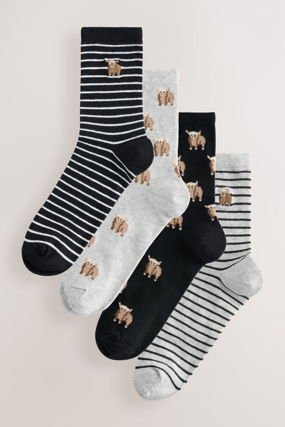 Monochrome Hamish The Highland Cow Stripe Ankle Socks 4 Pack