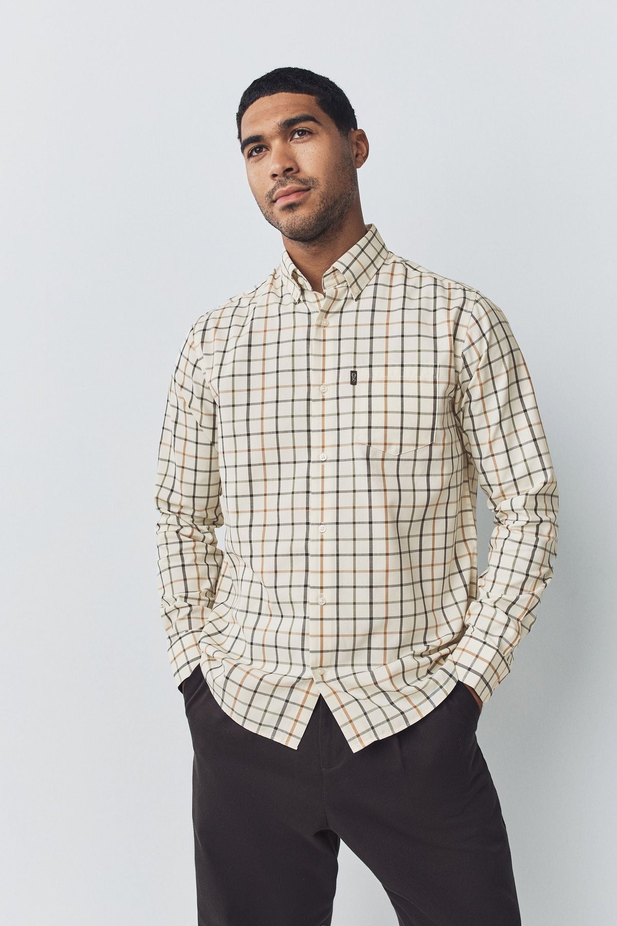 Ecru Tattersall Check Regular Fit Easy Iron Button Down Oxford Shirt