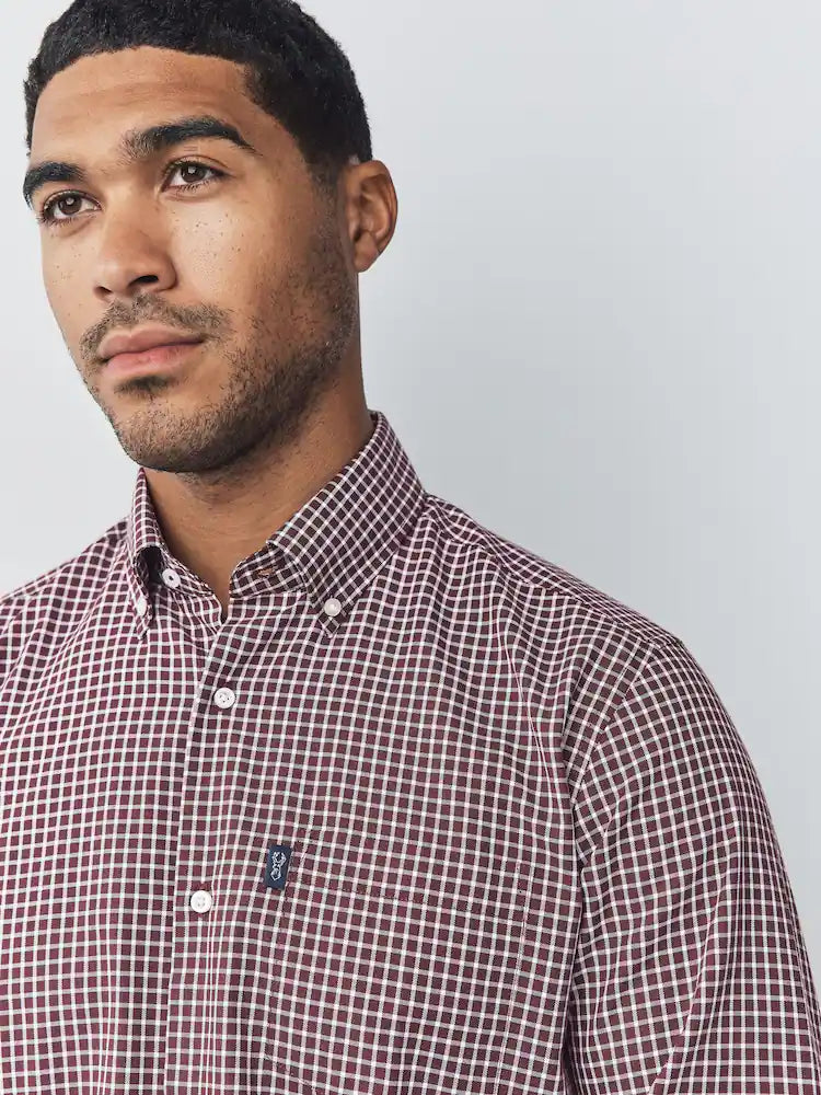 Burgundy Red Micro Check Regular Fit Easy Iron Button Down Oxford Shirt