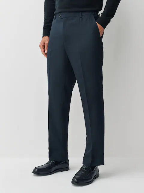 Navy Regular Fit Smart Textured Trousers With Stretch Waistband