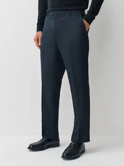 Navy Regular Fit Smart Textured Trousers With Stretch Waistband