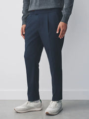 Navy Blue Slim Fit Smart Stretch Trousers With Internal Drawcord