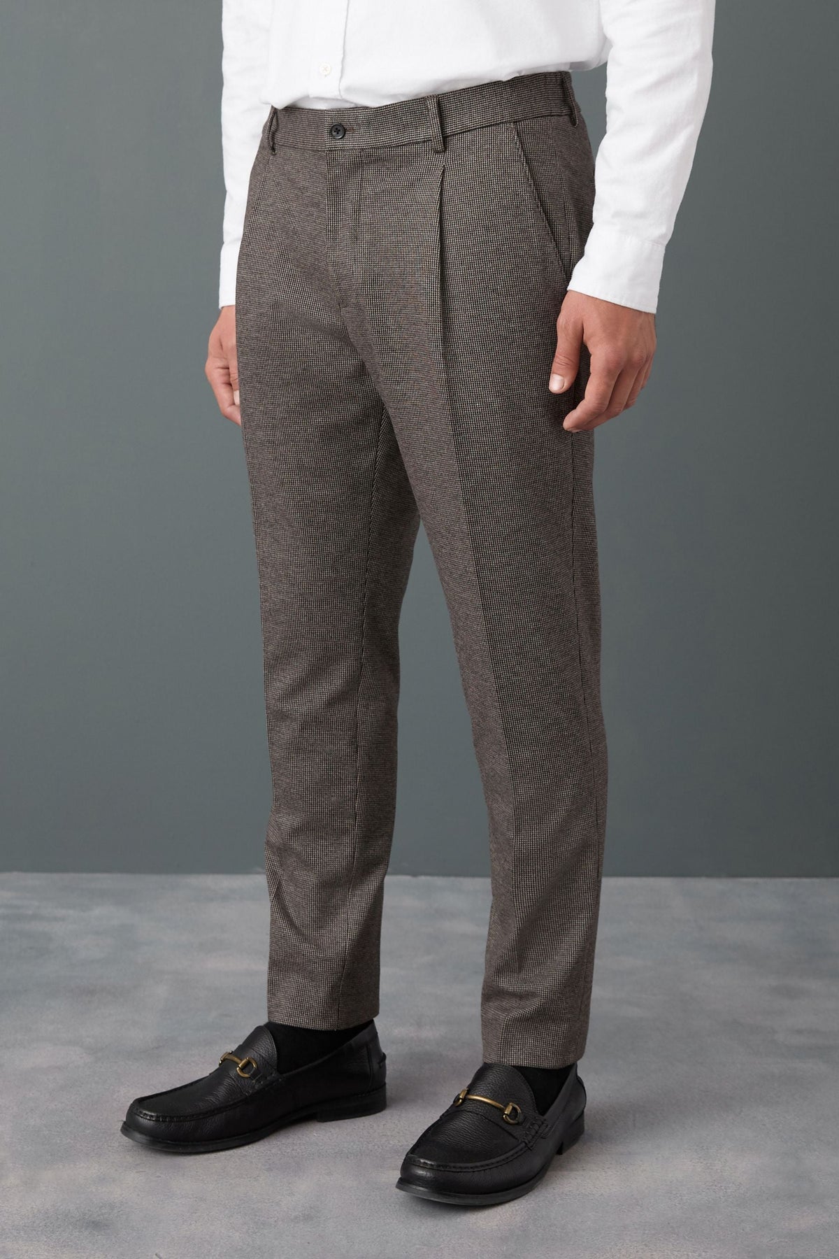 Brown Slim Fit Smart Elasticated Back Textured Trousers with Stretch