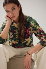 Green Floral Print Soft Touch Crew Neck Cotton Rich Jumper