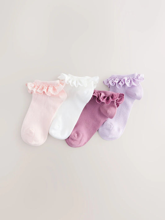 Pink. Purple And White 4 Pack Cotton Rich Ruffle Trainer Socks