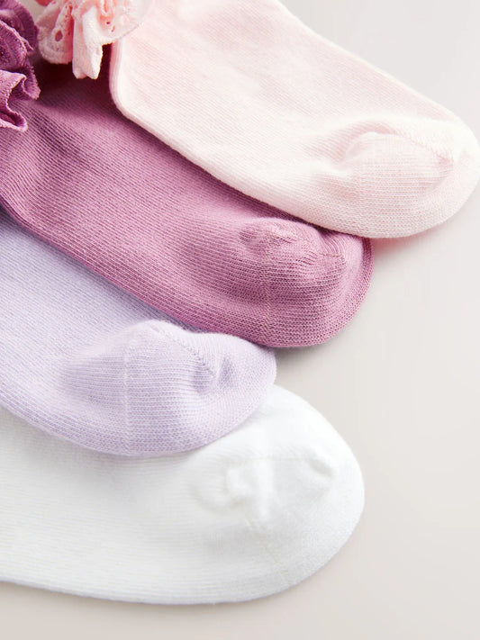 Pink. Purple And White 4 Pack Cotton Rich Ruffle Trainer Socks