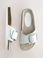 White Leather Single Strap Footbed Sandals