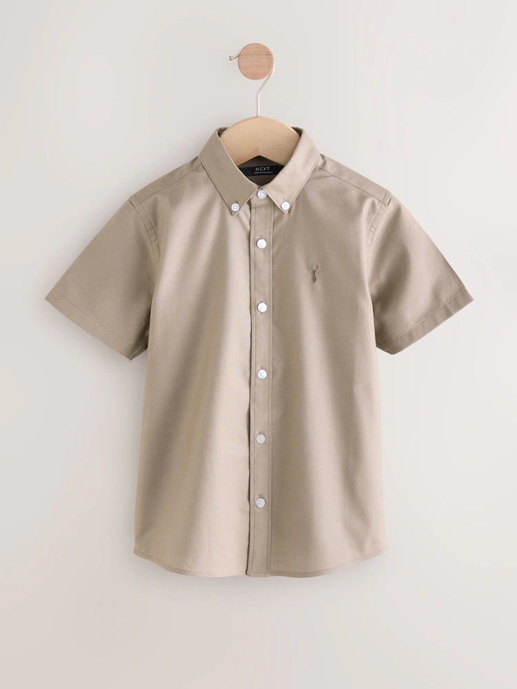 Taupe Logo Short Sleeve Cotton Rich Oxford Shirt (3-16yrs)