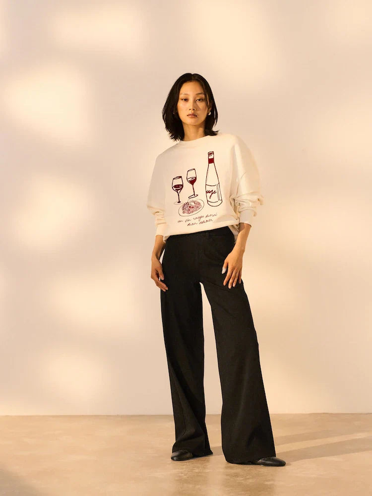 Black Jersey Denim Wide Leg Trousers