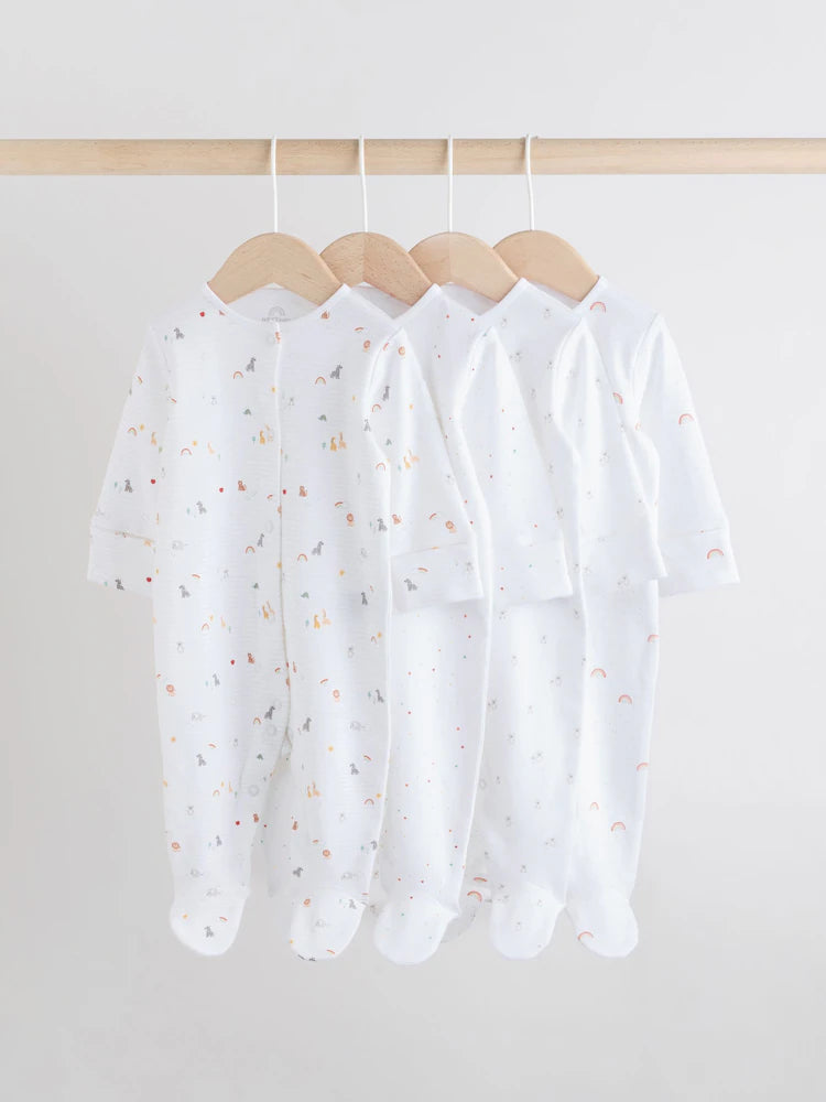 White 4 Pack Popper Baby Sleepsuits (0-2yrs)