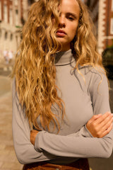 Neutral Long Sleeve Ribbed Roll Neck Top