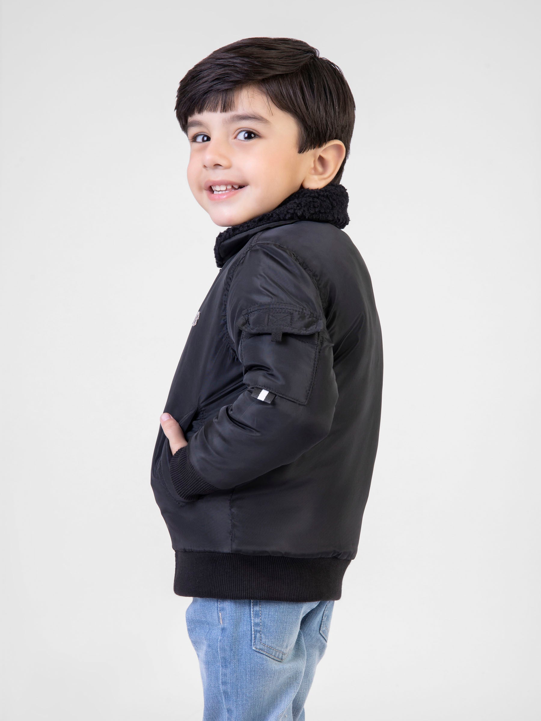 Black Quilted Casual Jacket With Sherpa Collar Brumano Pakistan