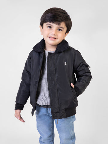 Black Quilted Casual Jacket With Sherpa Collar Brumano Pakistan