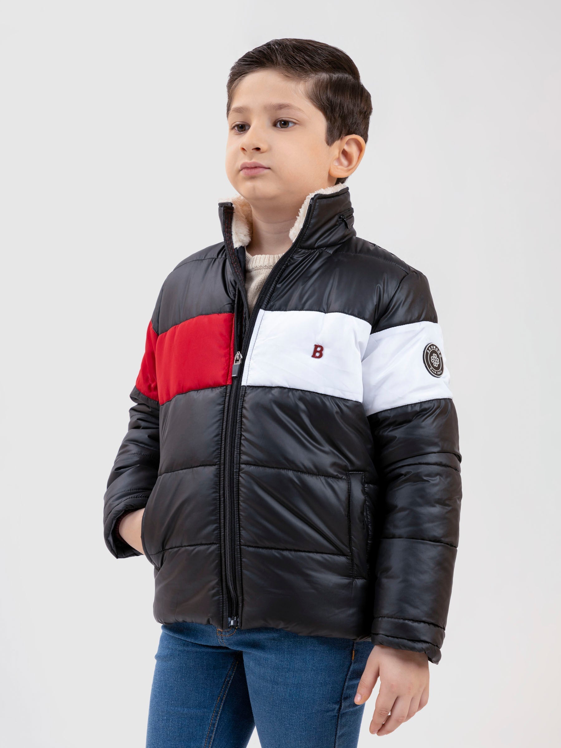 Black & Red Casual Puffer Jacket With Sherpa Brumano Pakistan