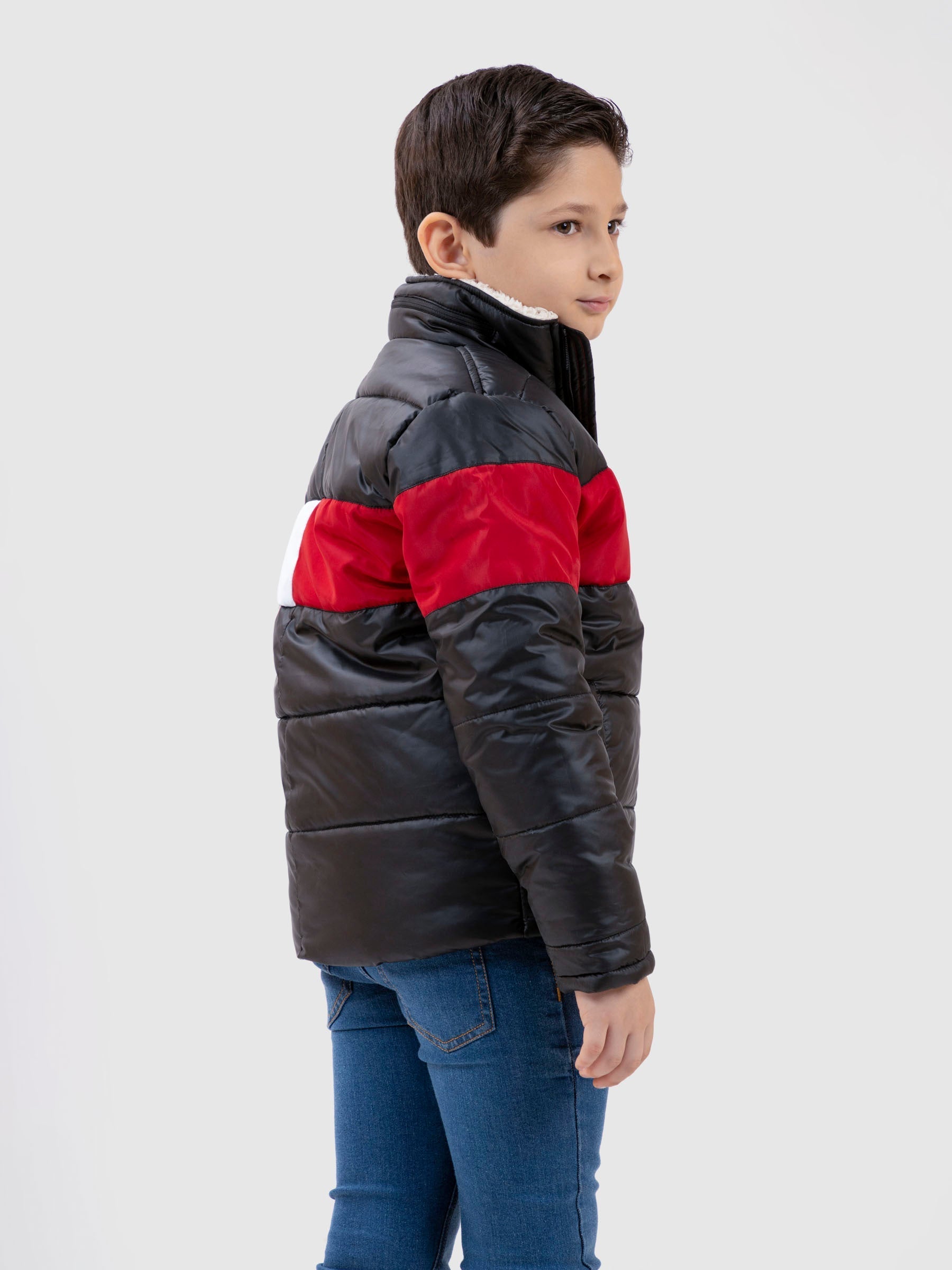 Black & Red Casual Puffer Jacket With Sherpa Brumano Pakistan