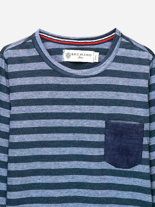 Blue Striped Full Sleeve T-Shirt With Contrasting Pocket Brumano Pakistan